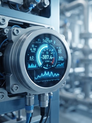 Macro shot of a high-precision digital flow meter interface displaying active telemetry, cool blue steel tones, bright clean industrial indoor lighting, 50mm lens