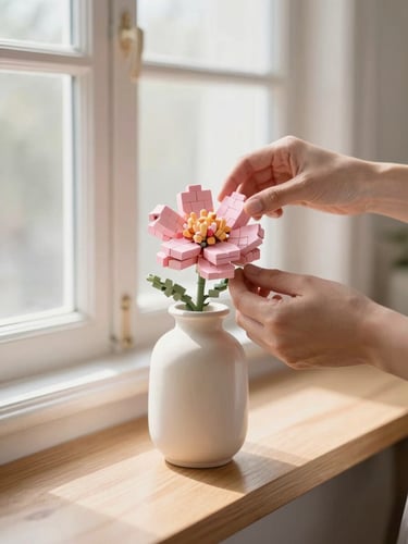 Hands gently placing a pastel pink brick-built flower into a ceramic vase on a sunlit wooden shelf, soft morning window light, shallow depth of field