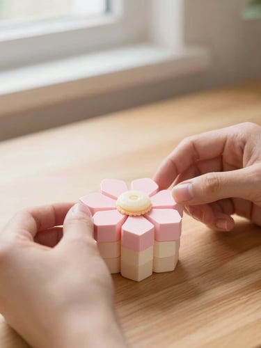 A close-up portrait of hands gently assembling a pastel pink block flower on a warm wooden table, soft morning window light, shallow depth of field, 35mm