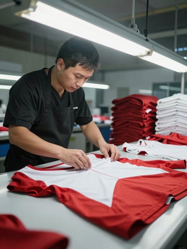 Medium-wide shot of a quality-check station on a production floor, a worker in black apron inspecting the seam of a finished jersey under bright overhead fluorescent light, red and white garment visible, background of folded apparel stacks slightly out of focus
