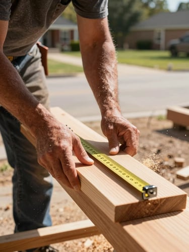 A close-up of a carpenter carefully measuring a cedar board on a sunny Oklahoma driveway, sawdust catching the daylight