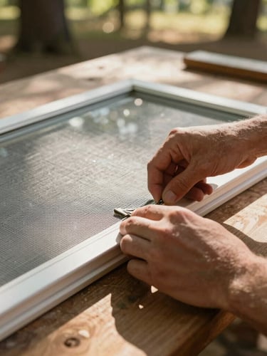 Close-up of hands repairing a window screen on a wooden work table, warm Oklahoma afternoon daylight filtering through trees.