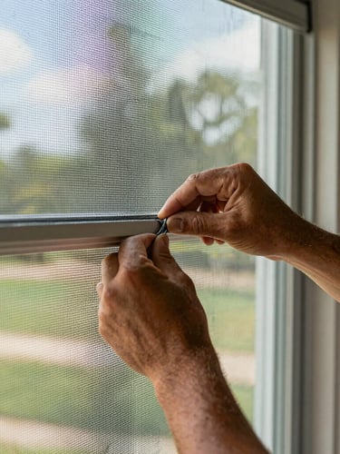 A close-up of a craftsman's hands carefully installing a clean window screen on an Oklahoma home during bright daylight