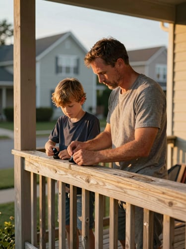 A father and son working together on a wooden porch railing in a residential OKC neighborhood, warm golden hour lighting