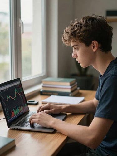 Medium shot from the side, a teenager seated at a desk near a large window, natural daylight falling across an open laptop displaying a stock chart, the teenager's eyes fixed on the screen with visible concentration—no smile, no performance, just focus. Home office environment, books and a notebook visible in the background, warm ambient light from outside filling the frame.