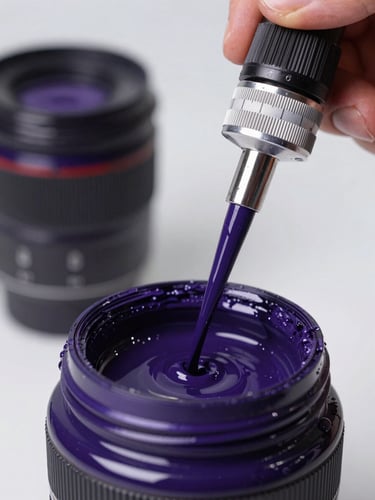Macro photography of a master painter in a clean-room environment mixing deep purple automotive paint, soft studio lighting, precise measurement scale visible, 50mm lens