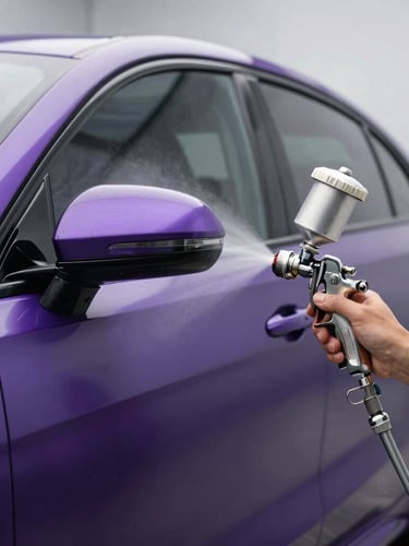 Close-up of a professional master painter in a clean-room cabin spraying a metallic purple car door with a premium spray gun, soft diffused lighting, focus on the atomized paint mist