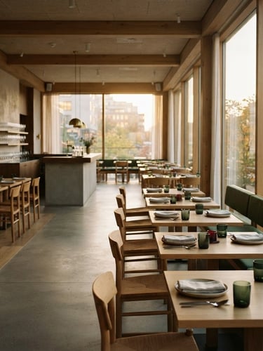Wide panoramic Scandinavian-style restaurant interior at golden hour, minimalist design, warm lighting, empty tables, focus on clean lines and natural materials, sunlight streaming through large windows, soft north-facing daylight.