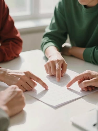 Collaborative agency meeting in a sunlit, minimalist Scandinavian-style office, hands pointing at a content calendar, soft north-facing daylight, shallow depth of field, rich crimson and forest green tones