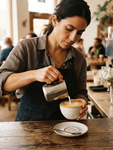Warm editorial photography of a barista pouring latte art into a ceramic cup, soft morning window light, rich coffee brown tones, shallow depth of field