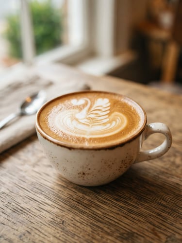 A warm editorial close-up of a perfectly poured latte with elegant art on a wooden table, soft morning window light, cream and coffee brown tones