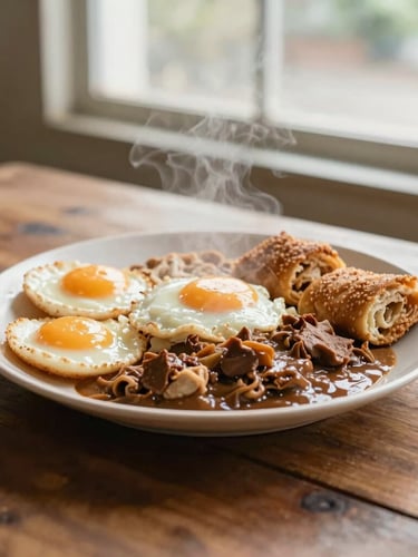 Warm editorial photography of a steaming plate of local Malaysian breakfast on a rustic wooden table, soft natural window light, inviting warm tones