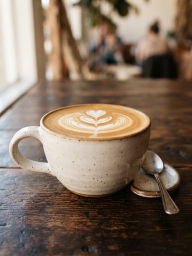 Warm editorial photography of a freshly poured latte with elegant art on a dark wooden table, soft natural window light, rich cream and coffee brown tones, shallow depth of field