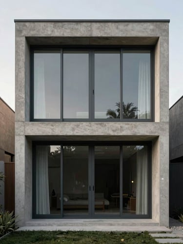Straight-on architectural elevation of a modern concrete residence in Chile, expansive matte grey window frames reflecting soft overcast daylight, high-contrast minimalist composition.