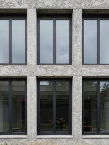 Straight-on 1-point perspective of a modern concrete residence facade, large-span windows with matte black aluminum frames, overcast daylight highlighting matte textures