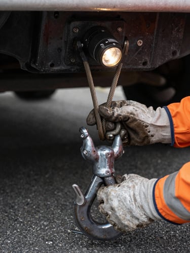 Close-up of crew hands connecting heavy tow hook to a vehicle's chassis, tungsten work-light illuminating worn steel cable and gloved hands, asphalt road surface visible at the bottom edge, tight documentary framing with shallow depth
