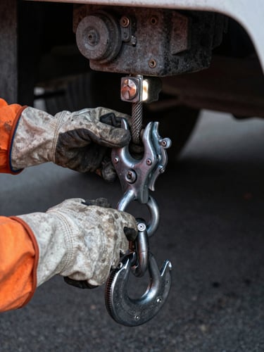 Close-up of crew hands in work gloves connecting a steel tow hook to a vehicle chassis under harsh truck work-light tungsten, dark asphalt background, gritty documentary framing