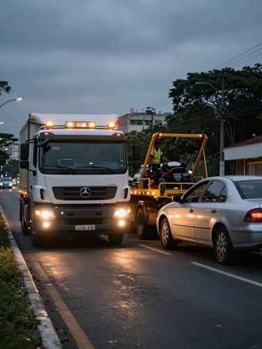 Wide environmental shot, truck cab headlights cutting through pre-dawn darkness on a São Paulo urban arterial road, the tow truck arriving at a stranded sedan on the right shoulder, amber work lights casting tungsten glow on the asphalt, crew member stepping out of cab — no faces visible, focus on arrival motion and equipment