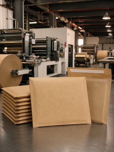 Standard kraft paper mailers with self-seal flap on a factory worktable