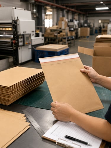 Quality check of kraft mailing envelopes with self-seal strip and packing details on a factory workt