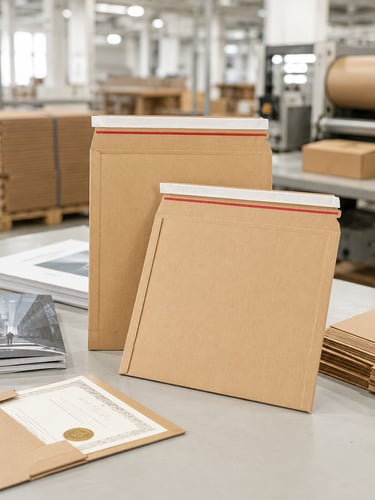 Rigid cardboard shipping envelopes with self-seal closure for flat goods, documents and catalogs