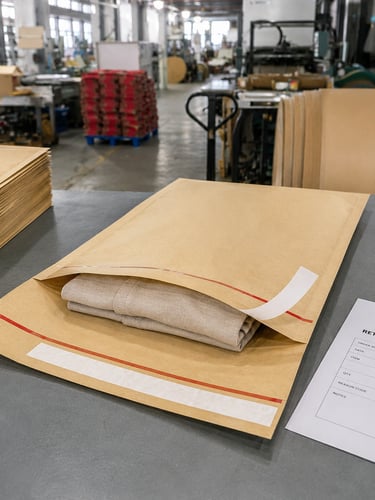 Returnable kraft paper mailer with dual adhesive strips for outbound shipping and customer returns