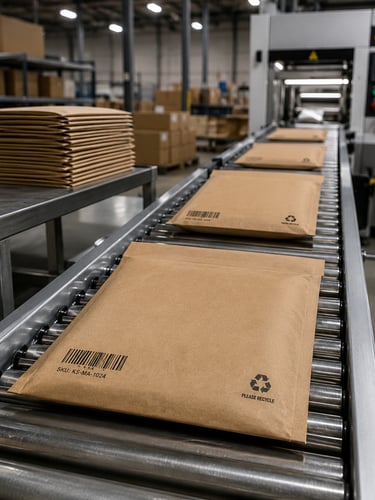 Kraft paper mailers with printed barcodes and SKU codes for 3PL warehouse packing workflows