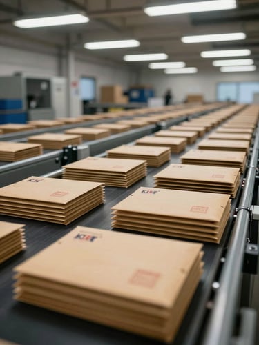 Wide shot of kraft mailing envelopes moving along a warehouse fulfillment conveyor belt, overhead fluorescent lighting, industrial sorting line context, motion blur on the conveyor, envelopes stacked and upright, documentary framing