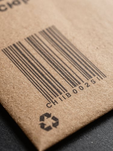 Extreme close-up of a kraft paper mailer surface showing crisp black barcode strip and small recycling triangle mark printed in the lower corner, studio overhead light, texture of kraft weave visible beneath the ink, no hands