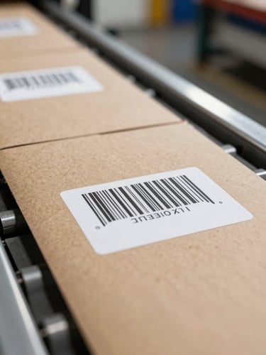 Extreme close-up of kraft paper mailer moving along a warehouse conveyor belt, barcode label printed directly on the surface visible in sharp focus, overhead fluorescent lighting, industrial metal conveyor edge in frame
