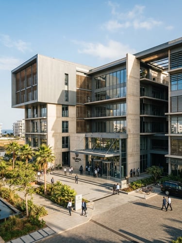 Professional environmental shot of a modern industrial office building in Dakar, bright daylight, clean architectural lines, warm West African sun casting sharp shadows, 35mm