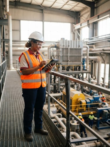 Professional corporate photography, bright natural daylight, a senior African auditor in a high-visibility orange vest and white hard hat inspecting a modern industrial plant in Senegal, 35mm focus