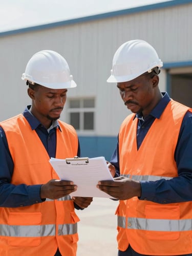 Professional industrial safety audit in Dakar, an inspector in high-visibility orange vest reviewing a checklist with an engineer, sharp focus, natural daylight