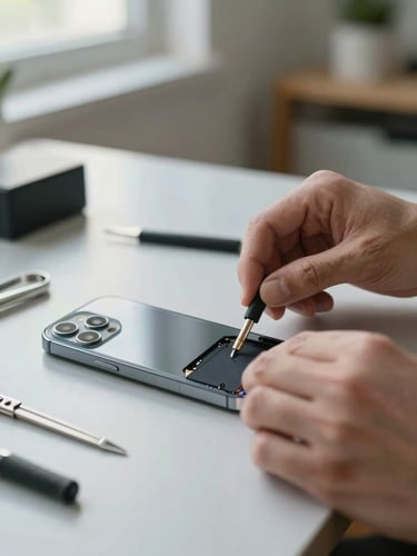 Close-up of technician hands carefully removing the back panel of a smartphone on a light gray desk surface, small tools arranged neatly beside the device, soft natural window light from the upper left, real home interior visible out of focus in the background