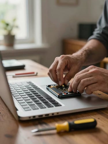 Close-up of technician hands carefully opening a laptop on a real home desk, natural window light from the left, screwdriver resting nearby, device mid-repair in a lived-in room