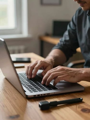 Close-up of a technician's hands carefully opening a laptop on a wooden desk in a home office, tools laid beside the device, soft north-facing window light from the left, real interior background slightly out of focus