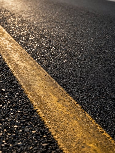 Tight macro shot of freshly laid black asphalt road texture, clean painted yellow line marking on the side, warm late-afternoon South African sun glinting off the aggregate.