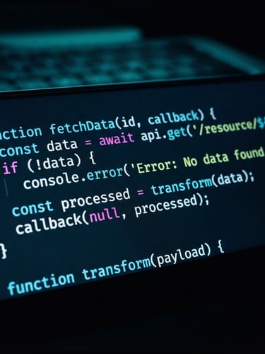 Tight macro shot of structured code on a high-resolution screen in a dark room, cool neon-cyan ambient glow, sharp focus, 35mm