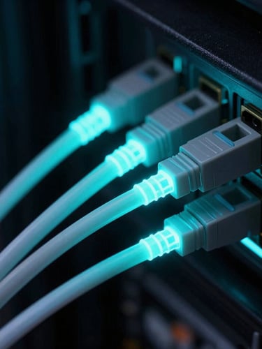 Macro detail of glowing cyan fiber optic cables in a dark server rack, sharp focus, low-key technical photography