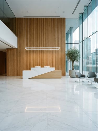 Minimalist architectural photography of a bright modern corporate office lobby, cool daylight, sharp focus, clean marble floor, 35mm