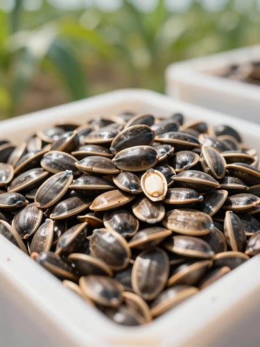 Close-up of healthy castor seeds in a clean agricultural trading environment, bright natural daylight, sharp focus, editorial 35mm