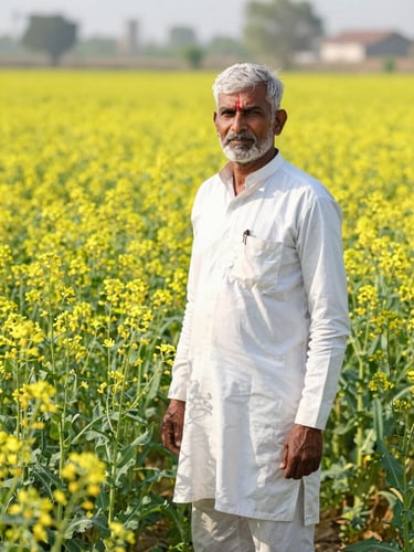 A local Gujarati farmer standing in a bright, sunlit mustard field, vibrant green and yellow tones, professional agricultural portrait, daylight, editorial 35mm