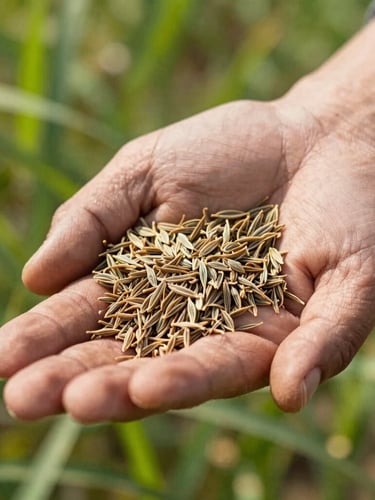 Close-up of healthy cumin seeds held in a farmer's hand, bright natural daylight, sharp focus, vibrant agricultural greens and earth tones, editorial 35mm