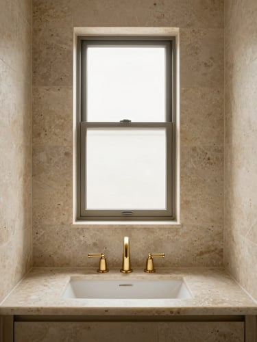 Straight-on architectural photography of a finished high-end bathroom, featuring warm travertine stone walls, matte brass vanity fixtures, and soft natural window light, waist-level perspective.