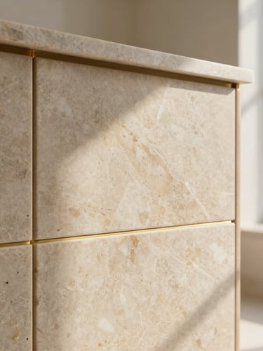 Waist-level architectural detail shot of hand-laid matte travertine tiles, elegant brass grout joints, warm natural light highlighting the rich stone texture