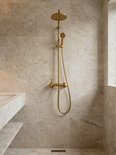 Straight-on architectural photograph of a high-end master bathroom, warm travertine tiles, matte brass fixtures, soft natural light from a side window, waist-level perspective