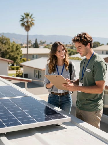 A sunny community center roof with newly installed solar panels, a local advocate and a volunteer smiling while looking at a clipboard, bright California sunlight, 35mm lens.