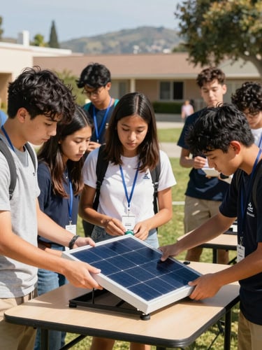 A bright outdoor California school workshop, a diverse group of high school students assembling a small solar-powered charging station under natural sunlight, medium shot, 35mm lens.