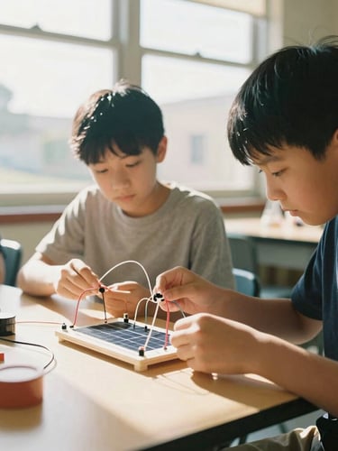 Hands-on science classroom in California, students building a miniature solar circuit under bright natural sunlight streaming through a window, warm optimistic editorial style, 35mm lens.
