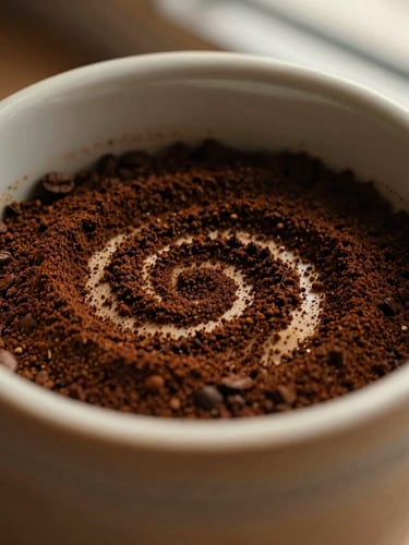 Close-up of dried coffee grounds forming intricate patterns inside a handmade ceramic cup, warm morning light, tactile textures, 35mm
